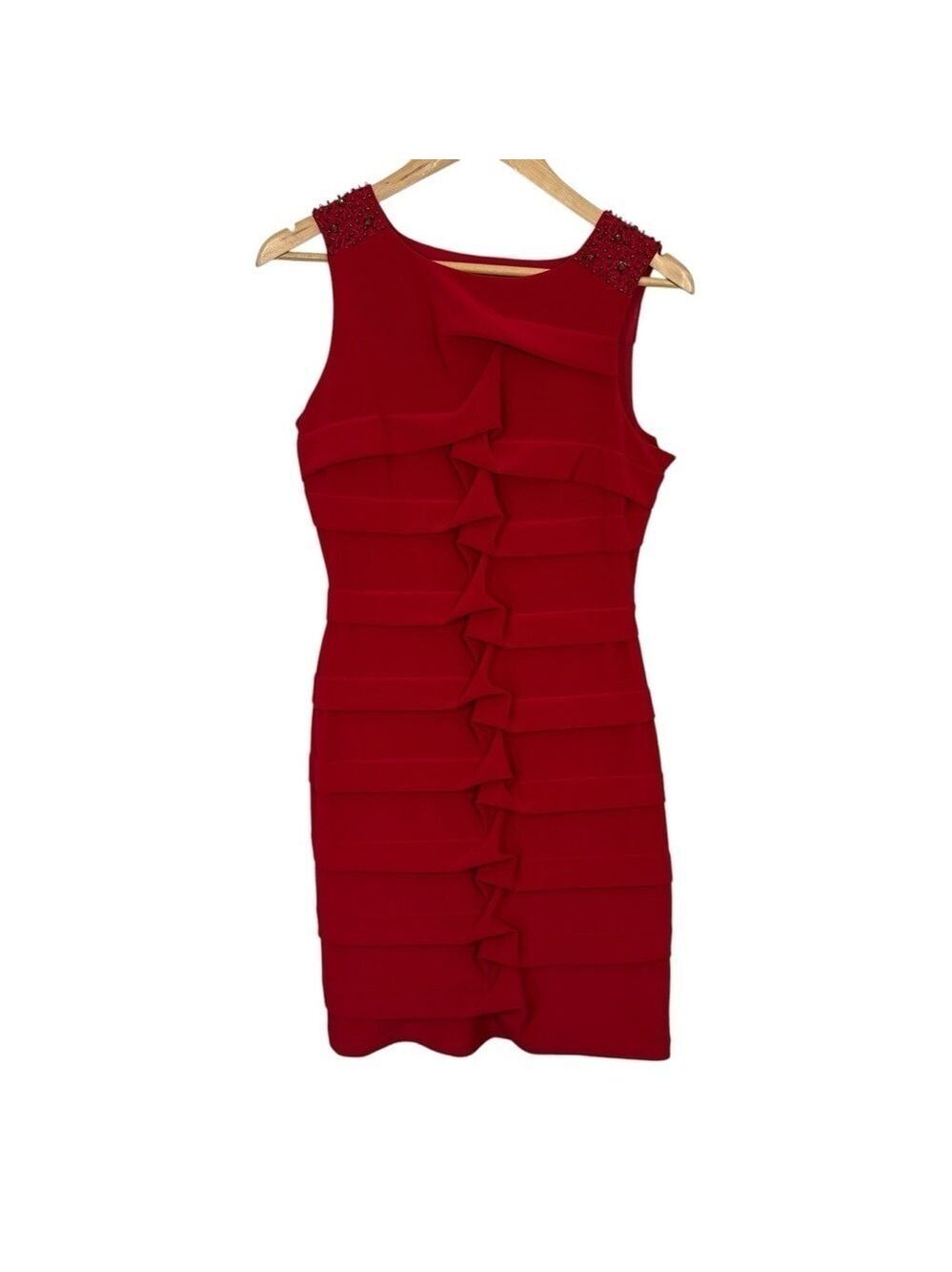 Adrianna Papell Bodycon Cocktail Dress Sz 8 Red Sleeveless Beaded Tight Sexy EUC